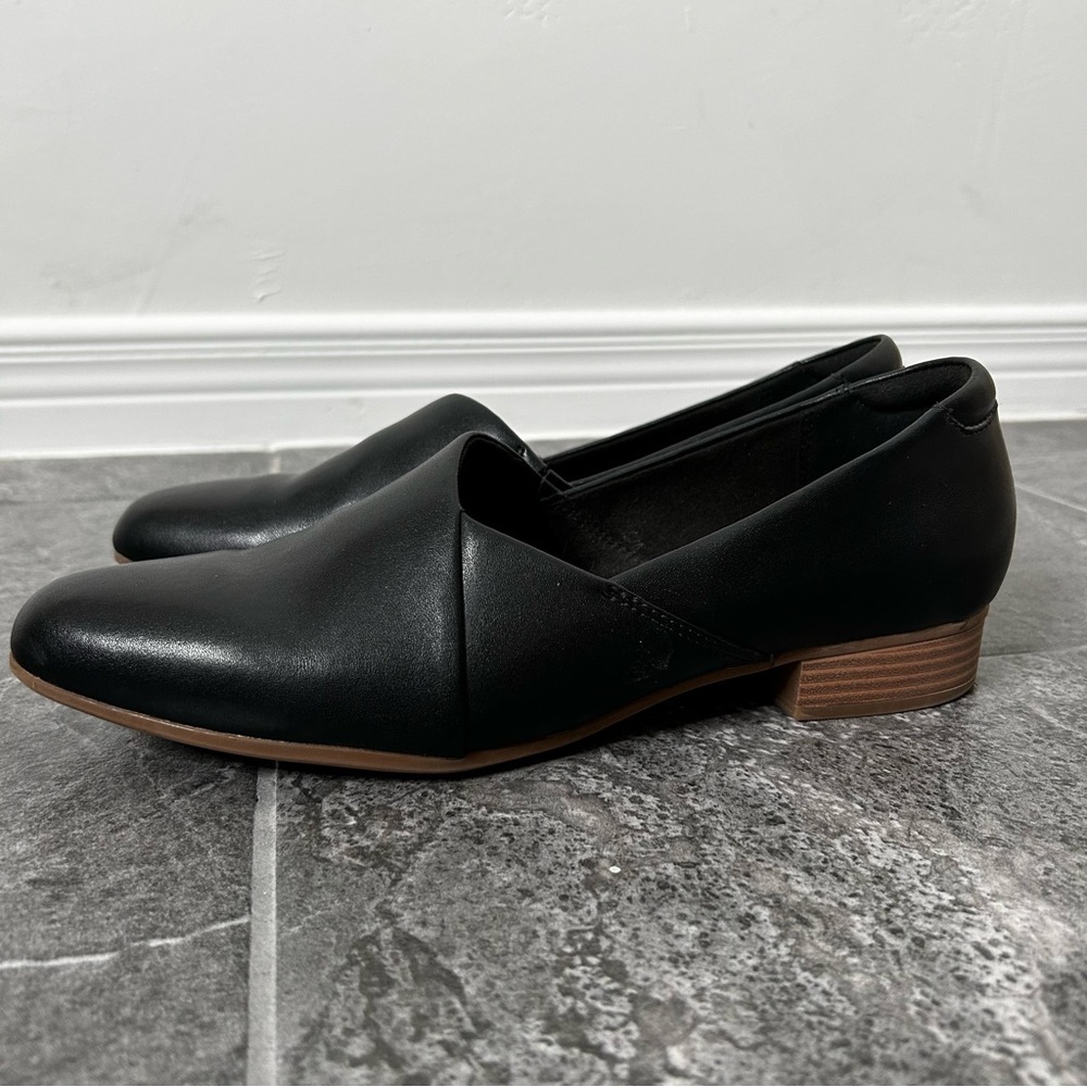 Clarks Juliet Palm Loafer Black Slip On Stacked Heel Size 11W Leather Loafer